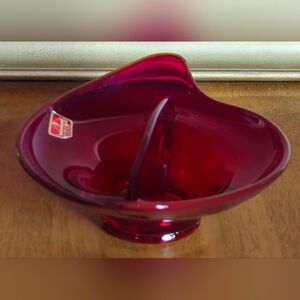 Vintage 1960s Viking Glass Ruby Red  Divided Dish with Sticker MCM